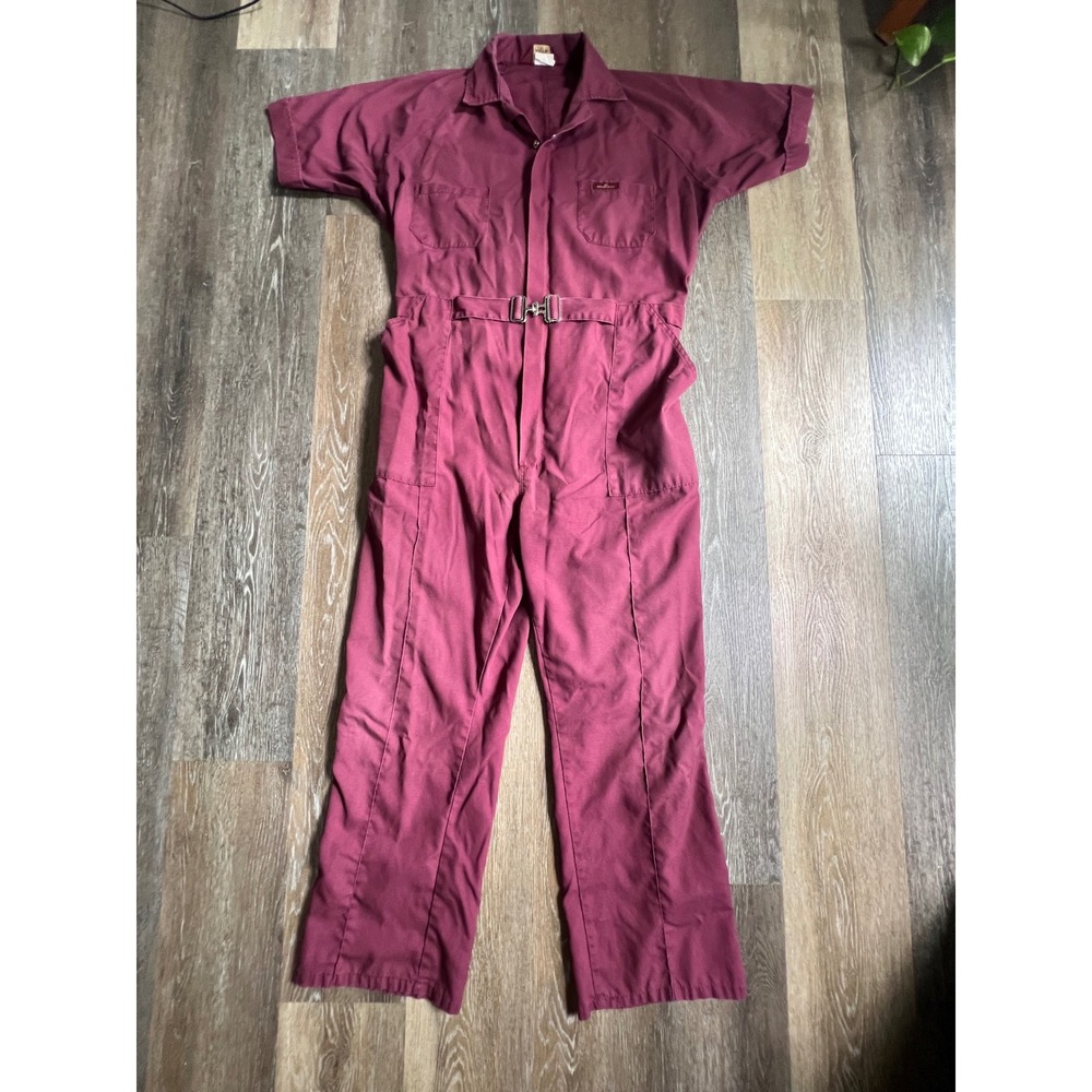 Para Suit Vintage Coveralls Men Burgundy Short Sleeve Belted Utility Jumpsuit